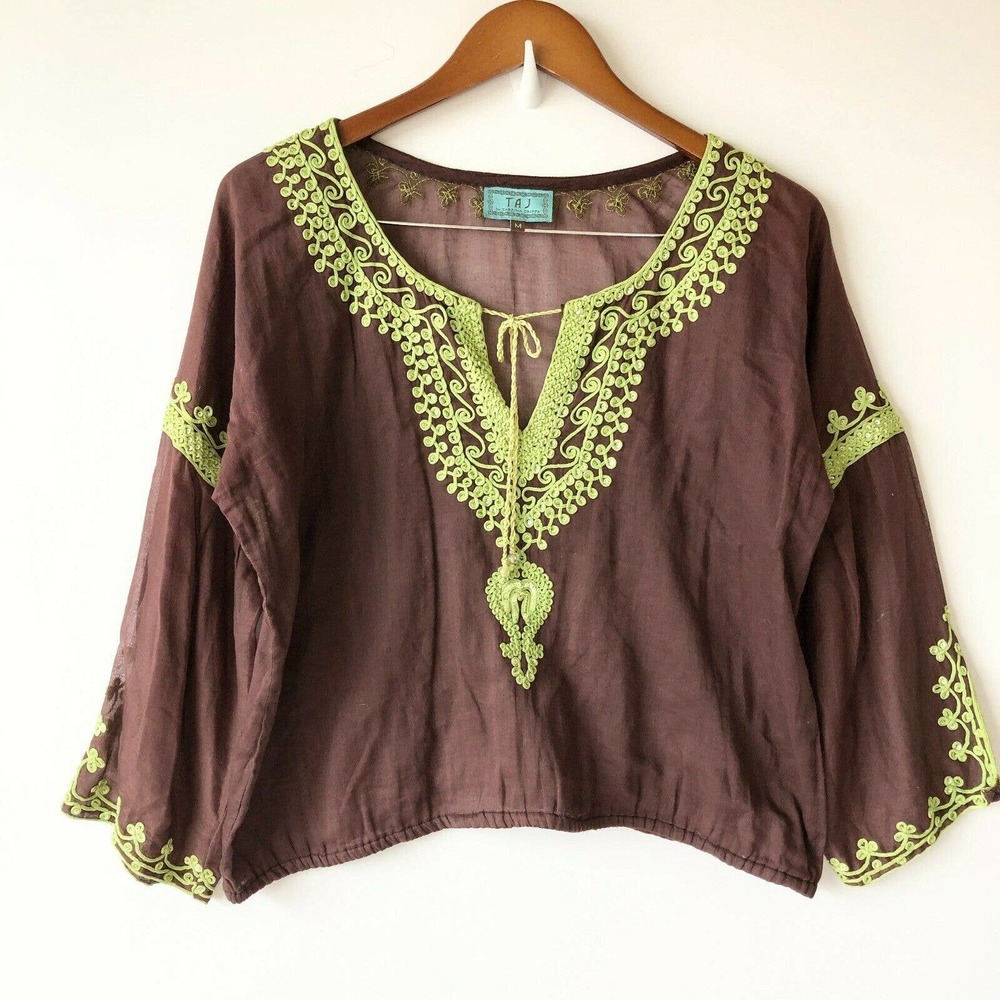 Vintage Babydoll Top Women's Medium Brown Floral Fairy Pullover Blouse 90s Y2K